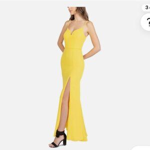 B DARLIN WOMENS YELLOW ADJUSTABLE STRAPS DRESS WITH SLIT